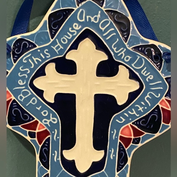 Vtg J Duban Designs Hanging Ceramic Tile Handcrafted Cross Lord Bless This Home - Picture 2 of 6
